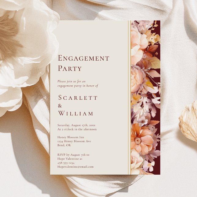 Autumn Floral Burgundy Modern Engagement Party Invitation (Creator Uploaded)