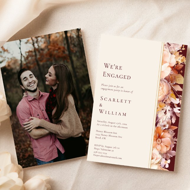 Autumn Floral Burgundy Modern Photo We're Engaged Invitation (Creator Uploaded)