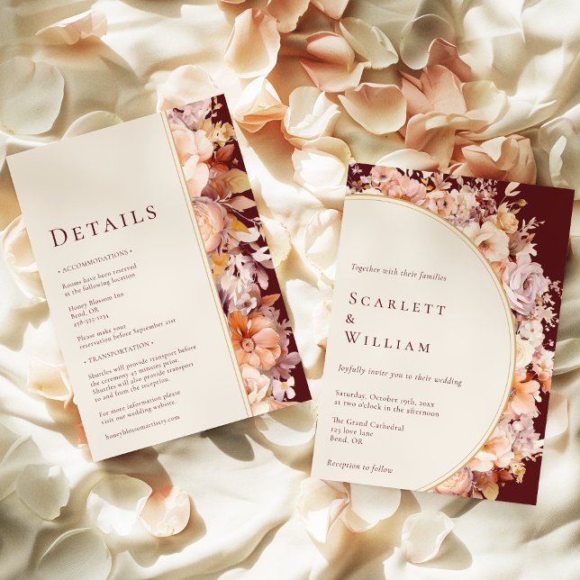 Autumn Floral Burgundy Modern Wedding All In One Invitation (Creator Uploaded)