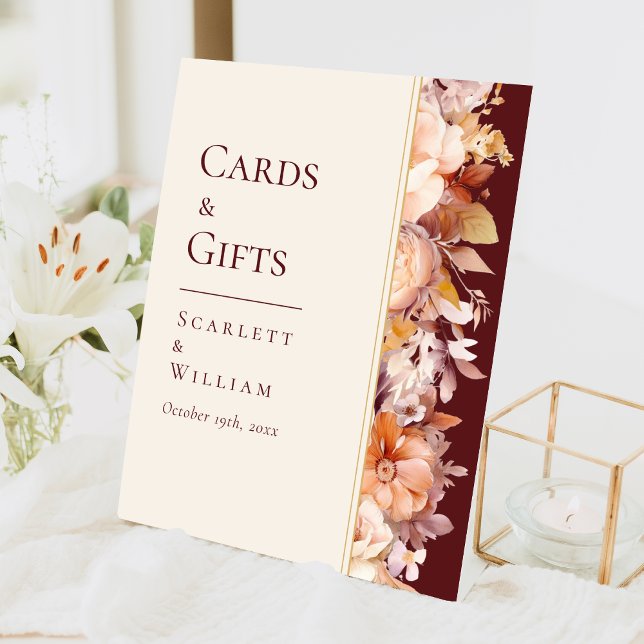 Autumn Floral Burgundy Wedding Cards and Gifts Pedestal Sign (Creator Uploaded)