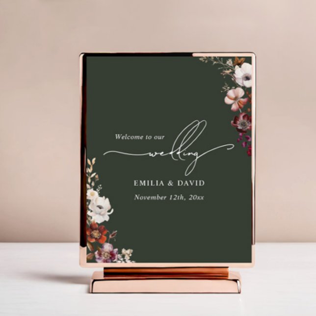 Autumn Floral Dark Green Calligraphy Wedding Poster (Creator Uploaded)