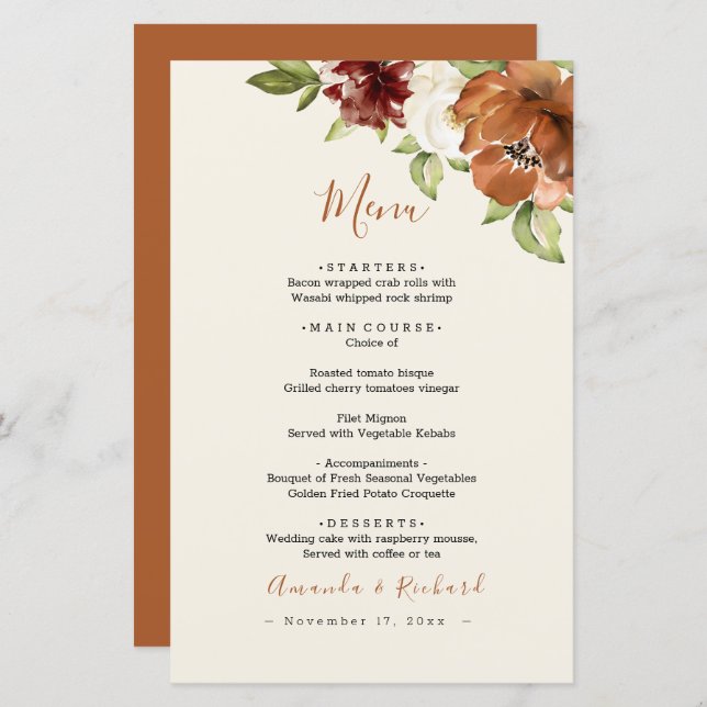 Autumn Floral Dark Orange Wedding Menu (Front/Back)