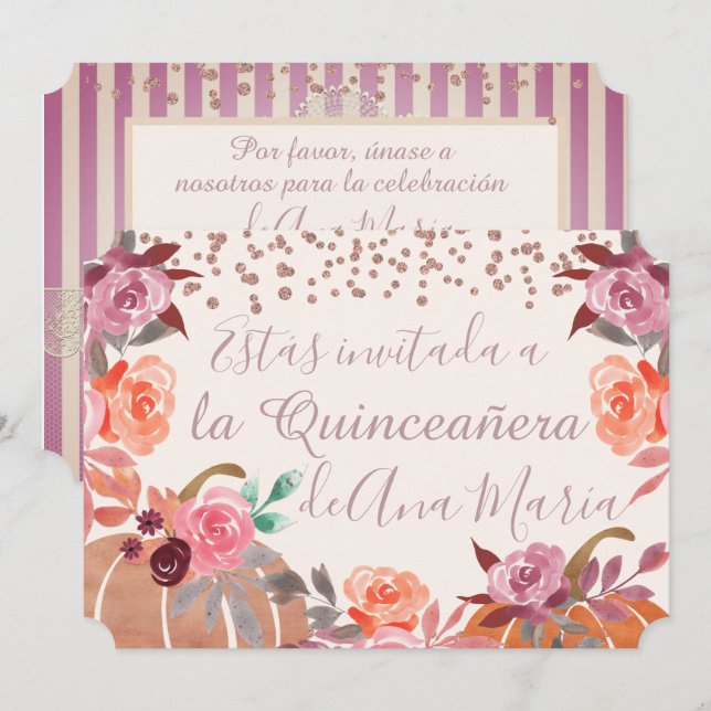Autumn Floral de Borgoña Quinceanera Celebración Invitation (Front/Back)