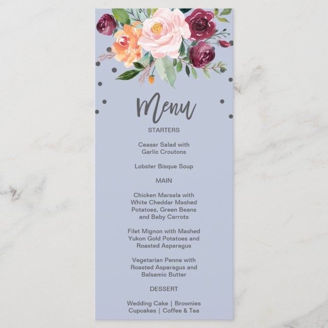 Autumn Floral Dusty Blue Dinner Menu Card (Front)