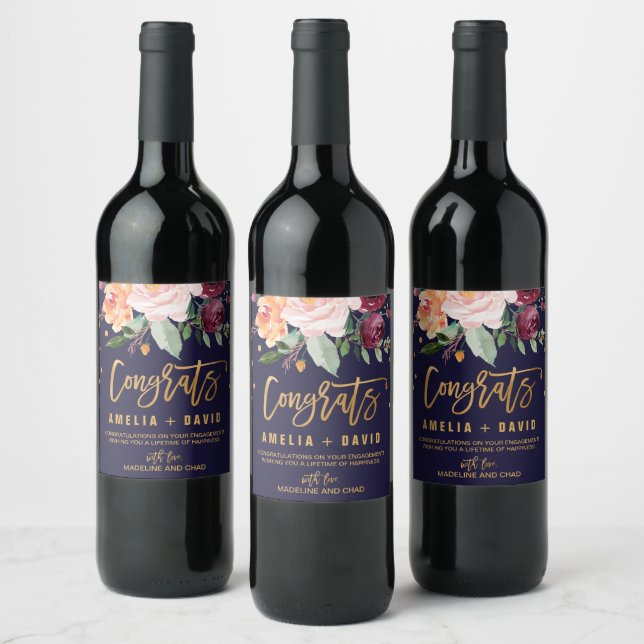 Autumn Floral Engagement Party Gift Wine Label (Bottles)