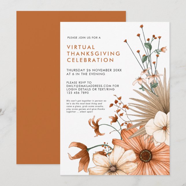Autumn Floral Foliage Virtual Thanksgiving Dinner Invitation (Front/Back)