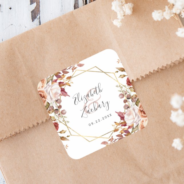 Autumn Floral Gold Geometric Fall Wedding Square Sticker (Creator Uploaded)