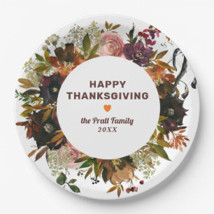 Autumn Floral Happy Thanksgiving Paper Plate