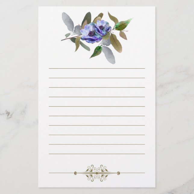 Autumn Floral in Olive and Lavender Lined Stationery (Front)