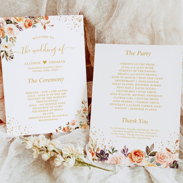 Autumn Floral Leaves Gold Confetti Wedding Program Programme (Creator Uploaded)