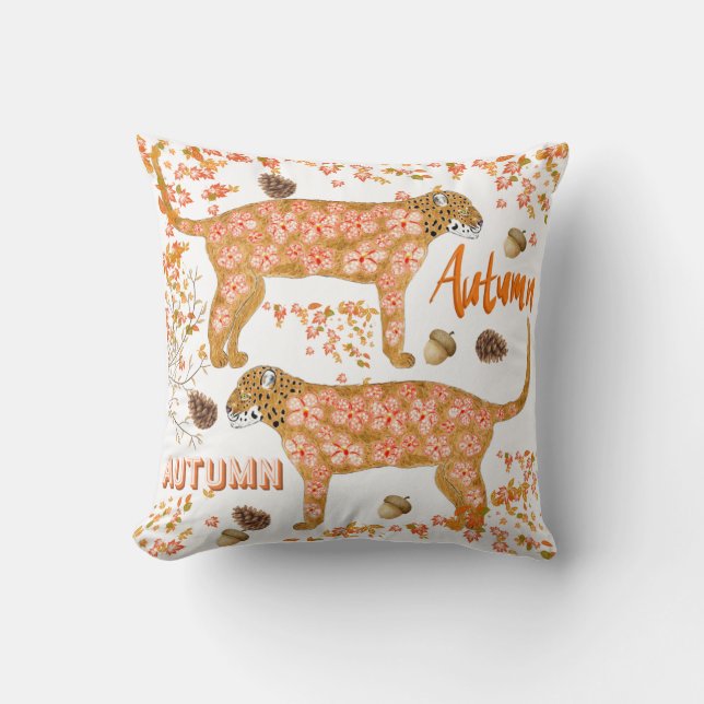 Autumn Floral Leopard Throw Pillow (Front)