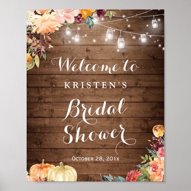 Autumn Floral Mason Jar Lights Bridal Shower Sign (Front)