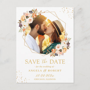 Autumn Floral Modern Gold Geometric Save the Date Postcard
