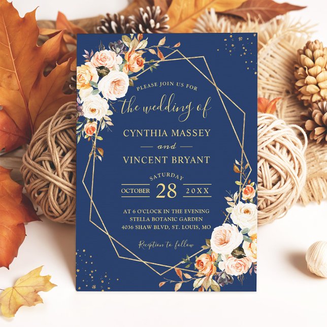 Autumn Floral Navy Blue Gold Geometric Wedding Invitation (Creator Uploaded)