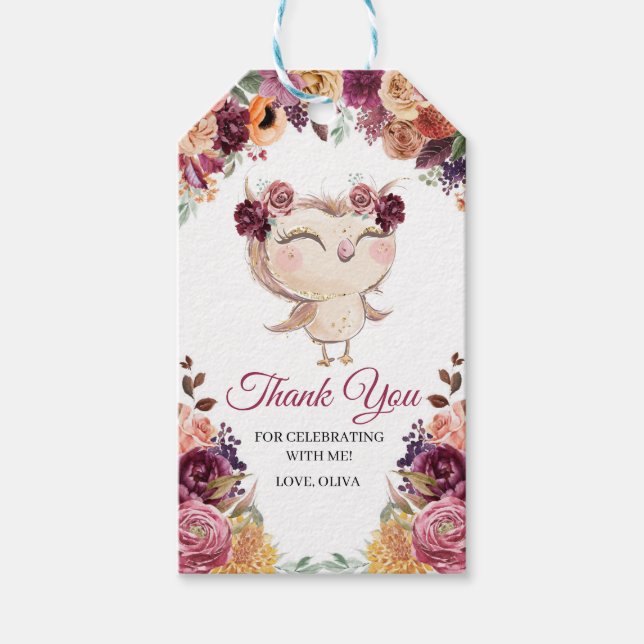 Autumn Floral Owl Thank You Favour Tag (Front)