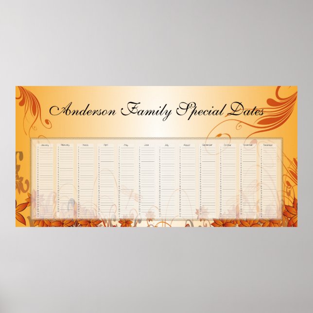 Autumn Floral Perpetual Calendar Poster (Front)