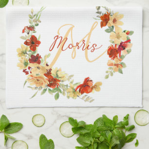 Autumn floral personalised tea towel