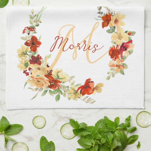 Autumn floral personalised  tea towel (Folded)