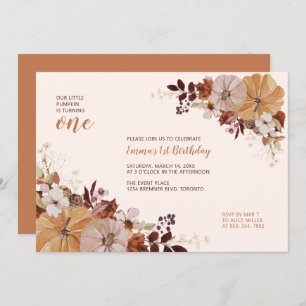 Autumn Floral & Pumpkin 1st Birthday Party Invitation