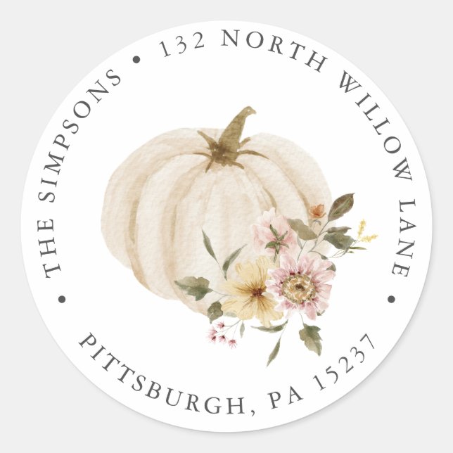 Autumn Floral Pumpkin Return Address  Classic Round Sticker (Front)