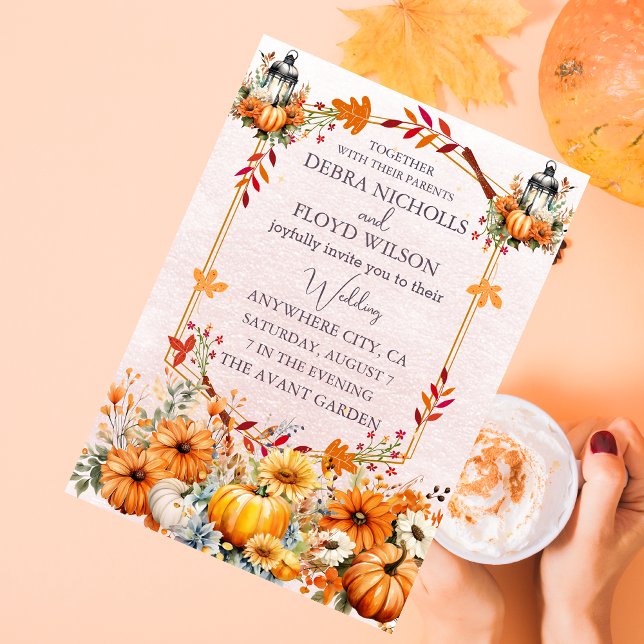 Autumn Floral Pumpkin Scrip Wedding Invitation (Creator Uploaded)