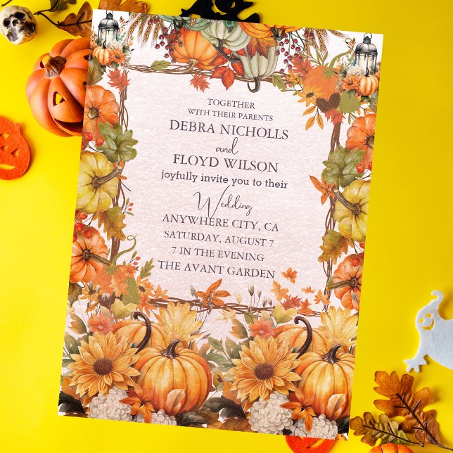 Autumn Floral Pumpkin Scrip Wedding Invitation (Creator Uploaded)