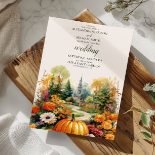 Autumn Floral Pumpkin Scrip Wedding Invitation