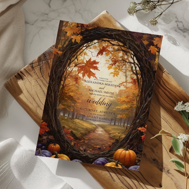 Autumn Floral Pumpkin Scrip Wedding Invitation (Creator Uploaded)