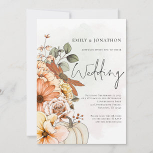 Autumn Floral Pumpkin Script QR Code Wedding Invitation