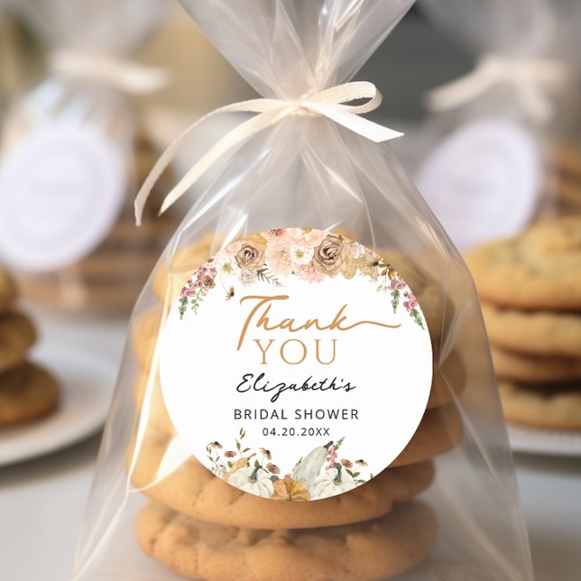 Autumn Floral Pumpkin Thank You Favour Classic Round Sticker (Creator Uploaded)