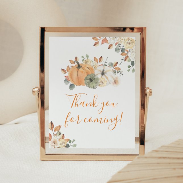 Autumn Floral Pumpkin Thank you for Coming Poster (Autumn Pumpkin Baby Shower Thank you for Coming Sign)