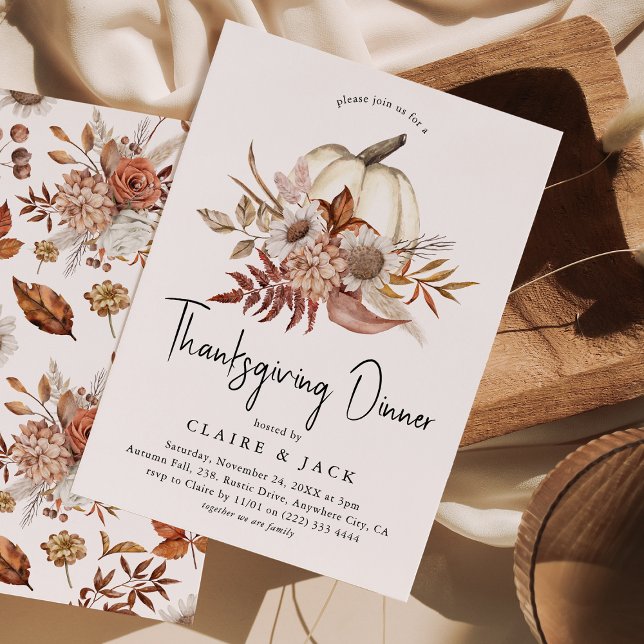 Autumn Floral Pumpkin Thanksgiving Dinner Invitation (Creator Uploaded)