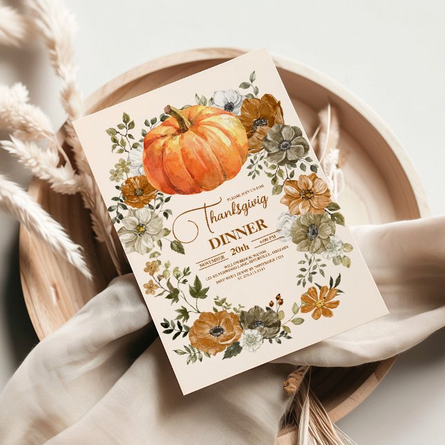 Autumn Floral Pumpkin Thanksgiving Dinner Invitation (Creator Uploaded)