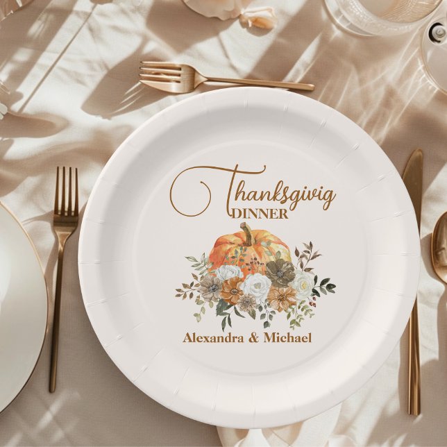 Autumn Floral Pumpkin Thanksgiving Dinner Paper Plate (Creator Uploaded)