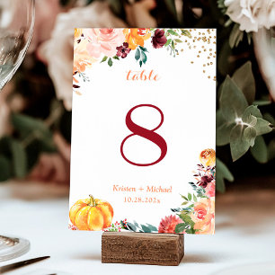 Autumn Floral Pumpkin Wedding Table Number