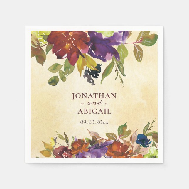 Autumn Floral Purple Burnt Orange Greenery Wedding Napkin (Front)