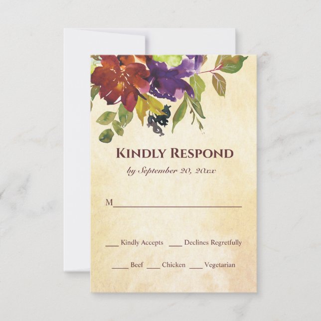 Autumn Floral Purple Burnt Orange Yellow Wedding R RSVP Card (Front)