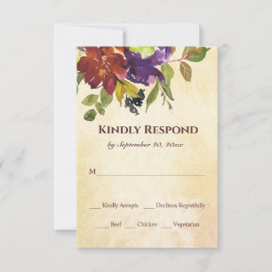 Autumn Floral Purple Burnt Orange Yellow Wedding R RSVP Card