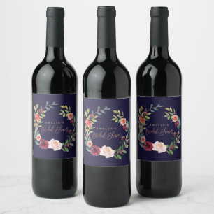 Autumn Floral Rose Gold Bridal Shower Wine Label