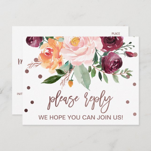 Autumn Floral Rose Gold Light Menu Choice RSVP (Front/Back)