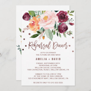 Autumn Floral Rose Gold Light Rehearsal Dinner Invitation