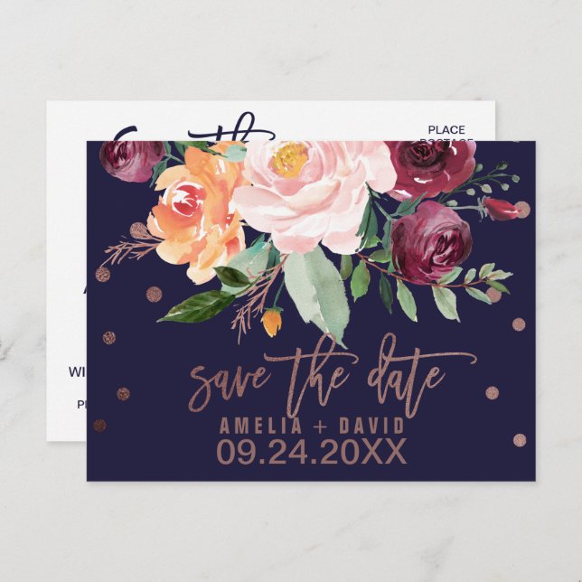 Autumn Floral Rose Gold Save the Date Announcement Postcard (Front/Back)
