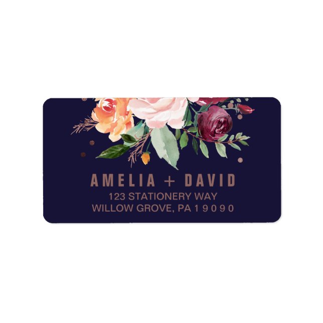 Autumn Floral Rose Gold Wedding Label (Front)