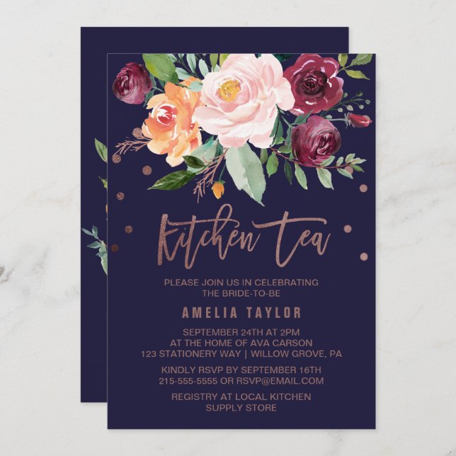Autumn Floral Rose Gold Wreath Back Kitchen Tea Invitation (Front/Back)