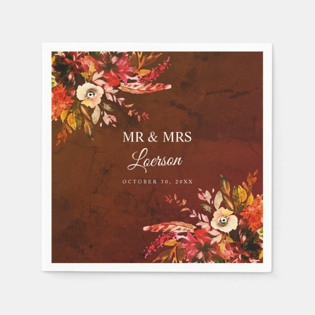 Autumn Floral Splendour Mr & Mrs Wedding Napkin (Front)