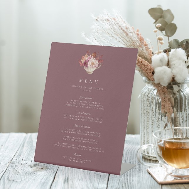Autumn Floral Teacup Fall Bridal Shower Menu Pedestal Sign (Creator Uploaded)