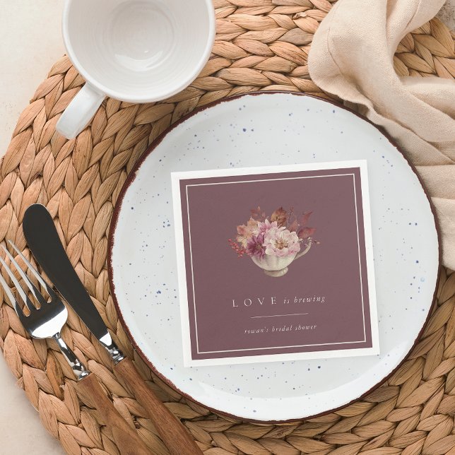 Autumn Floral Teacup Love Is Brewing Bridal Shower Napkin (Creator Uploaded)