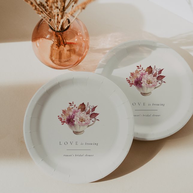 Autumn Floral Teacup Love Is Brewing Bridal Shower Paper Plate (Creator Uploaded)
