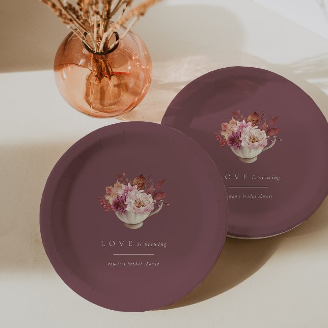 Autumn Floral Teacup Love Is Brewing Bridal Shower Paper Plate (Creator Uploaded)