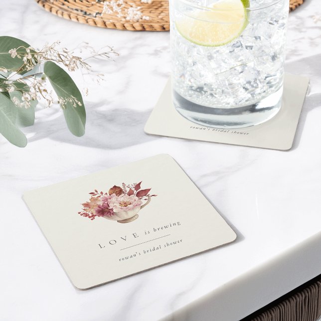 Autumn Floral Teacup Love Is Brewing Bridal Shower Square Paper Coaster (Creator Uploaded)